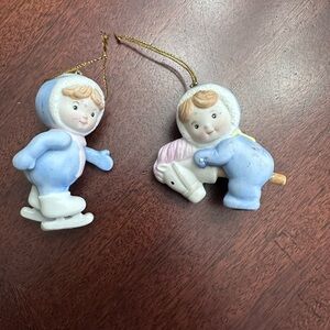 2 Vintage Snow Babies Christmas Ornaments Blue Ice Skating Horse Snow Baby